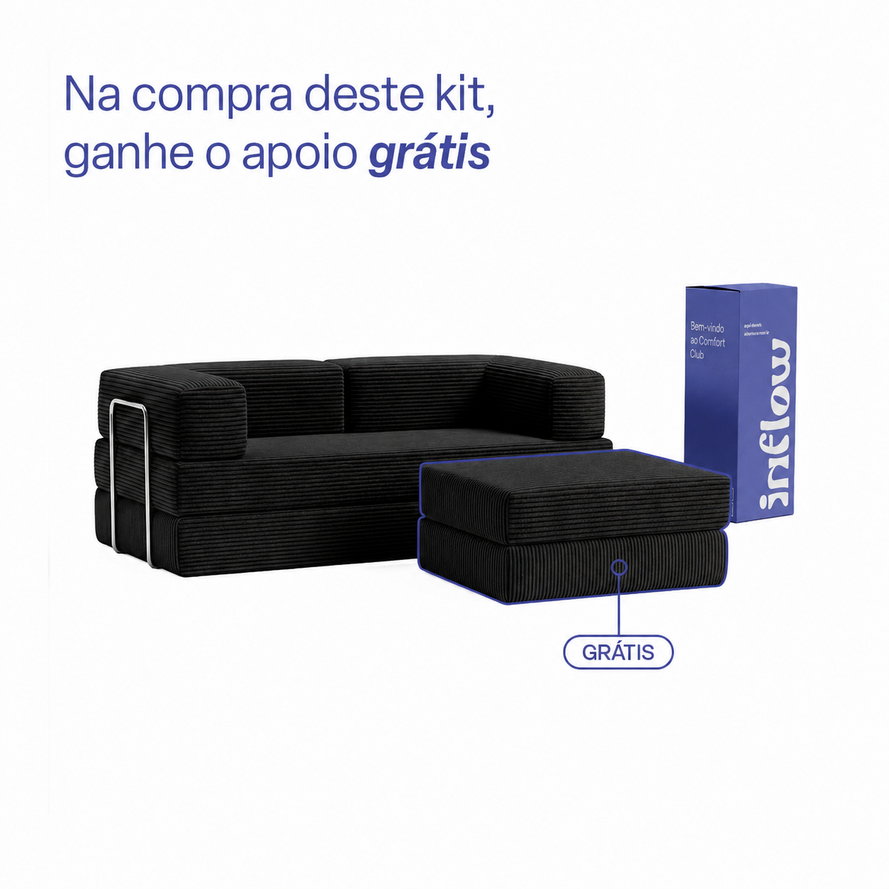 Sofá Cama Flowin com 1 Apoio de Pé em Cotele Black