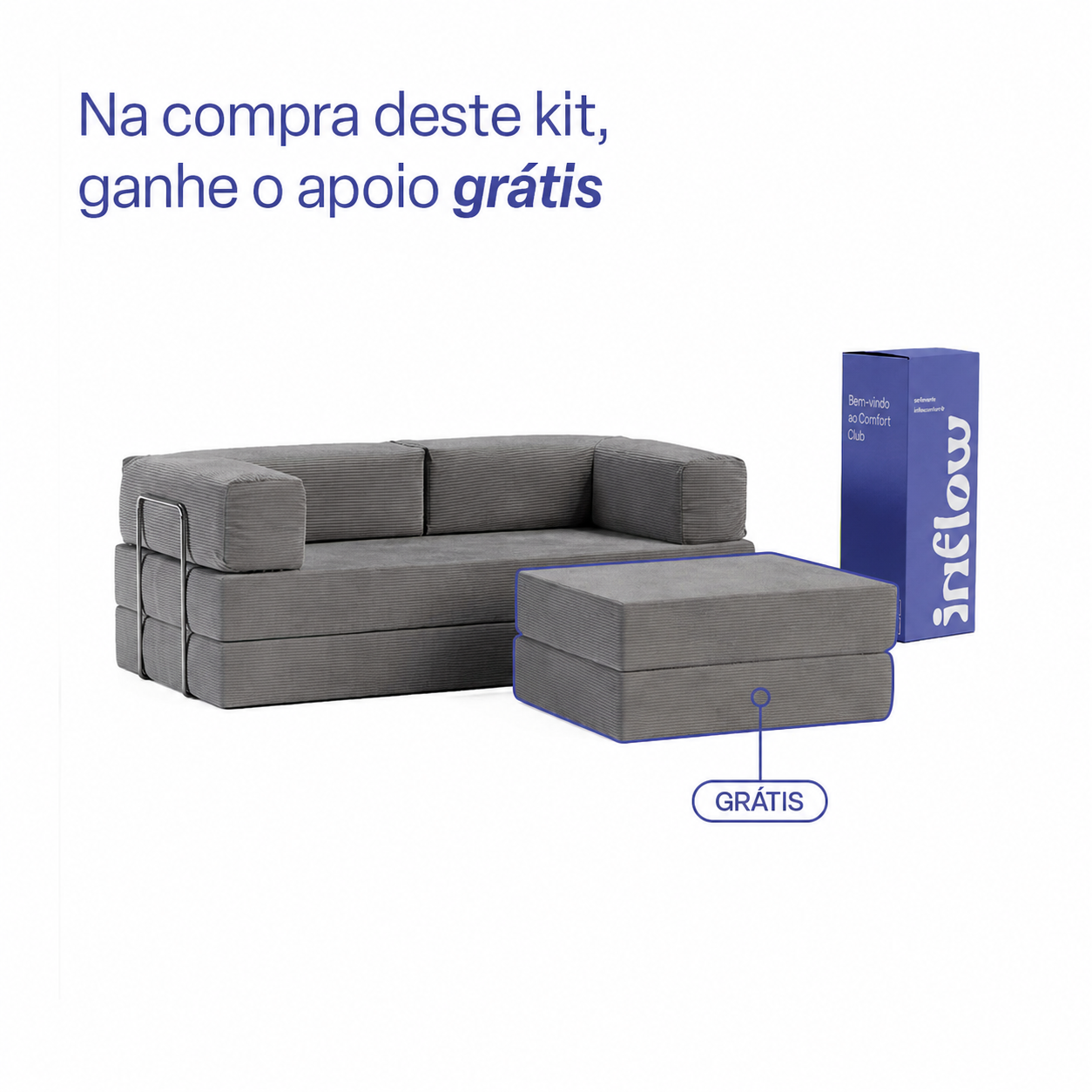 Sofá Cama Flowin com 1 Apoio de Pé em Cotele Cinza