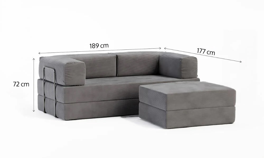 Sofá Cama Flowin com 1 Apoio de Pé em Cotele Cinza