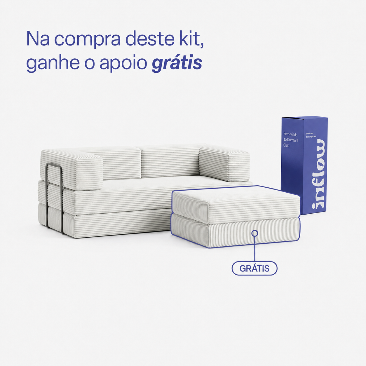Sofá Cama Flowin com 1 Apoio de Pé em Cotele Soft Milk