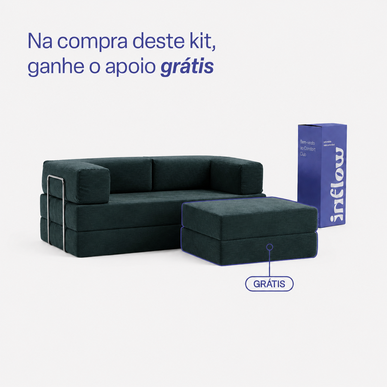Sofá Cama Flowin com 1 Apoio de Pé em Cotele Verde Musgo