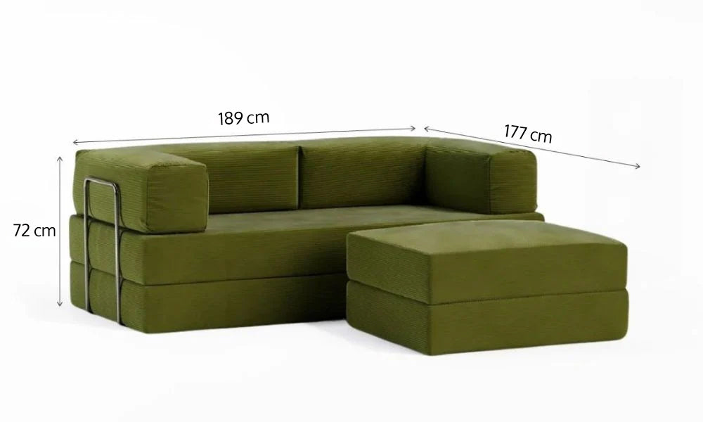 Sofá Cama Flowin com 1 Apoio de Pé em Cotele Verde Oliva