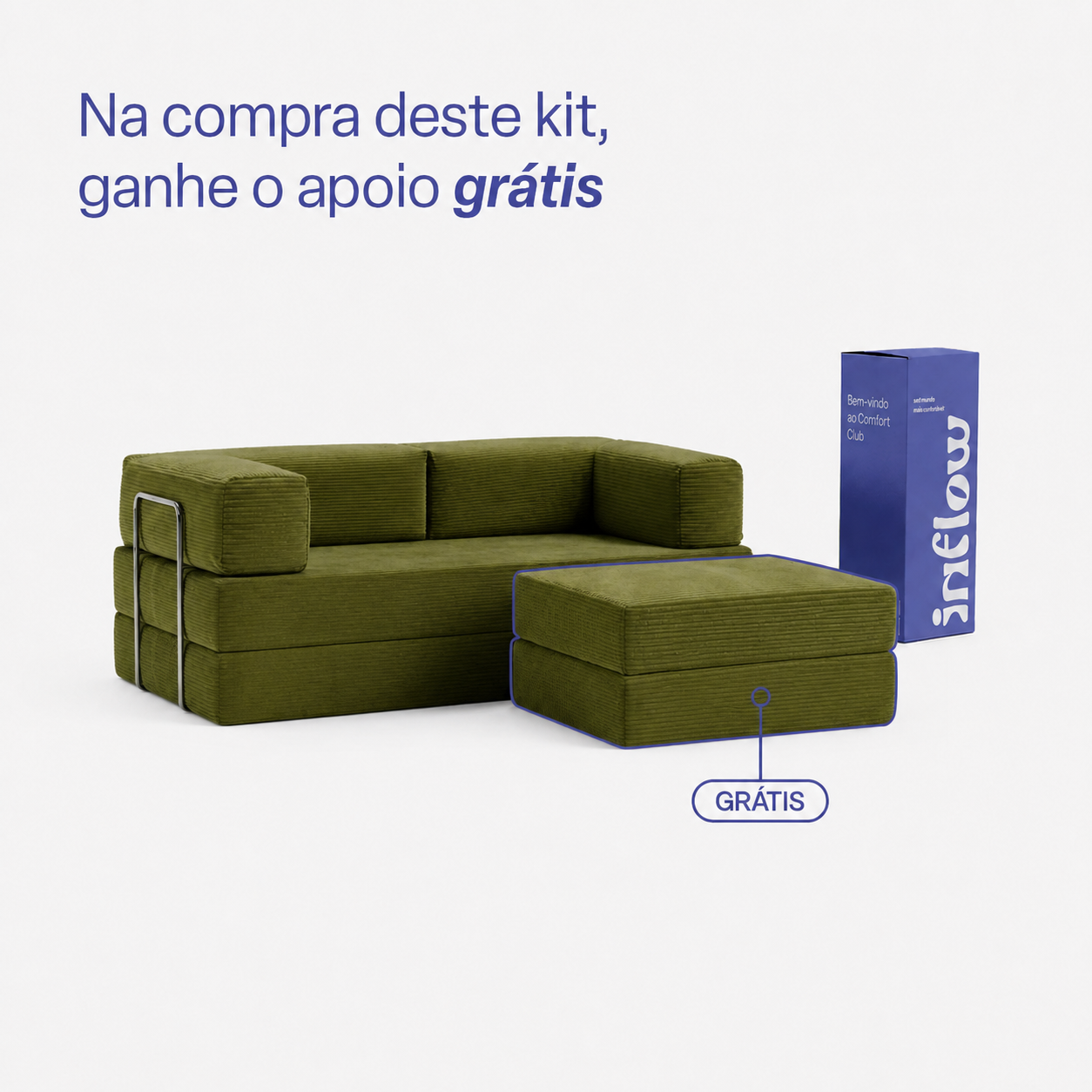 Sofá Cama Flowin com 1 Apoio de Pé em Cotele Verde Oliva