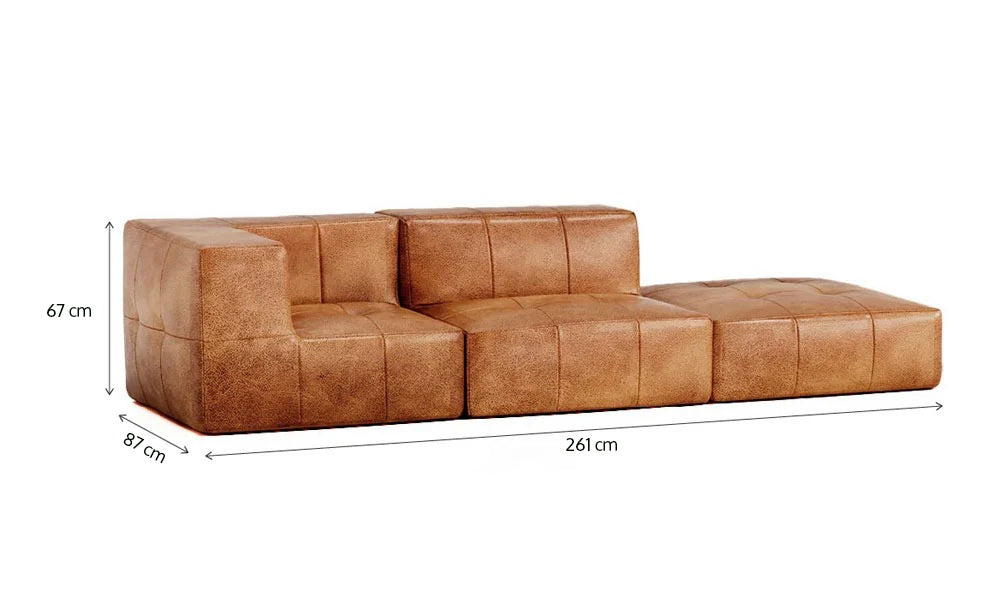 Sofá Modular 2 Lugares 1 Canto com 1 Apoio de Pé em Poli-Couro Marrom