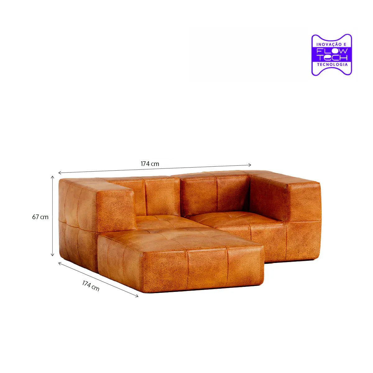 Sofá Modular 2 Lugares 2 Cantos com 1 Apoio de Pé em Poli-Couro Marrom