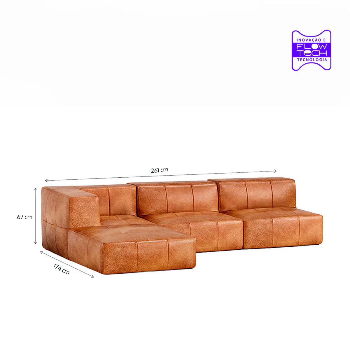 Sofá Modular 3 Lugares 1 Canto com 1 Apoio de Pé em Poli-Couro Marrom