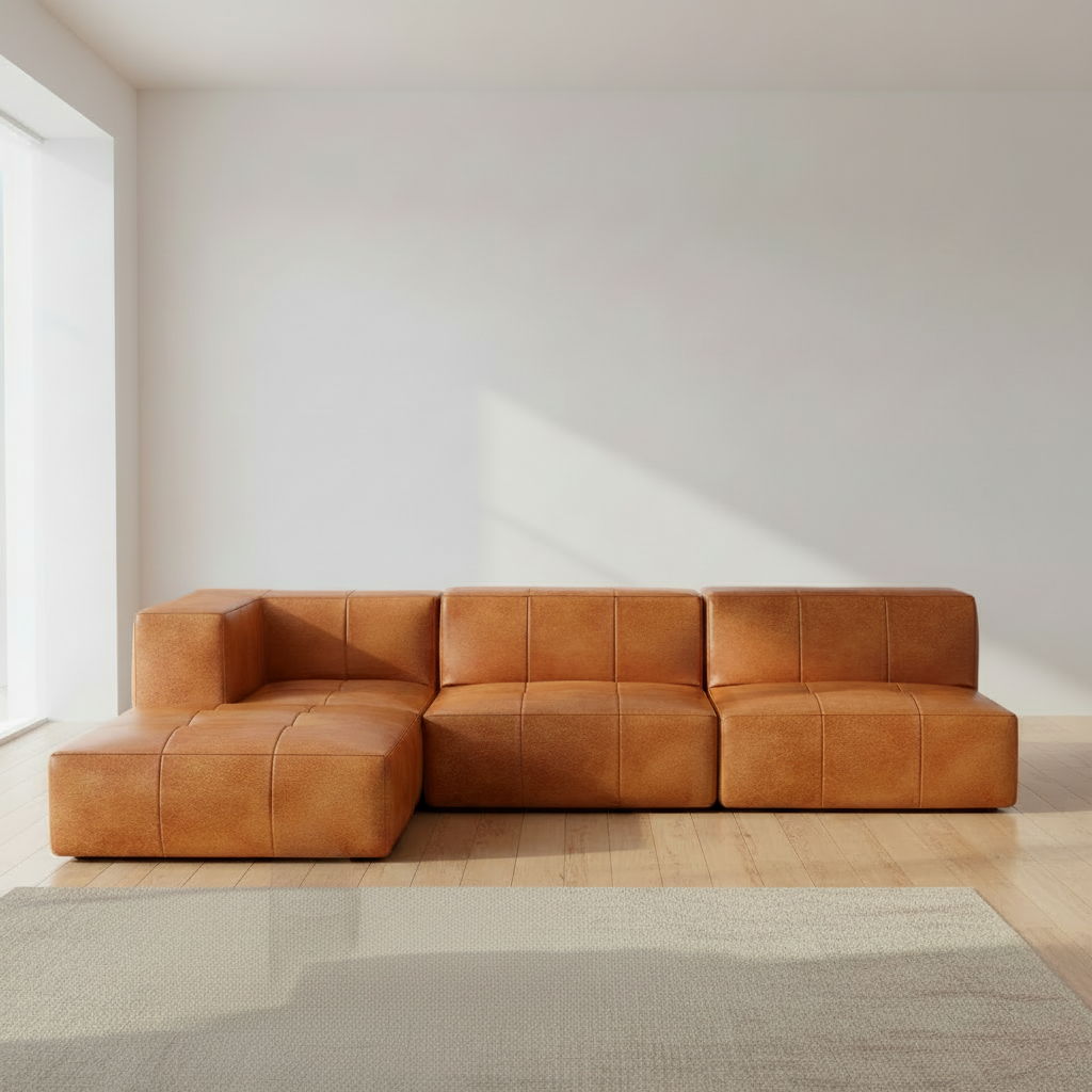 Sofá Modular 3 Lugares 1 Canto com 1 Apoio de Pé em Poli-Couro Marrom
