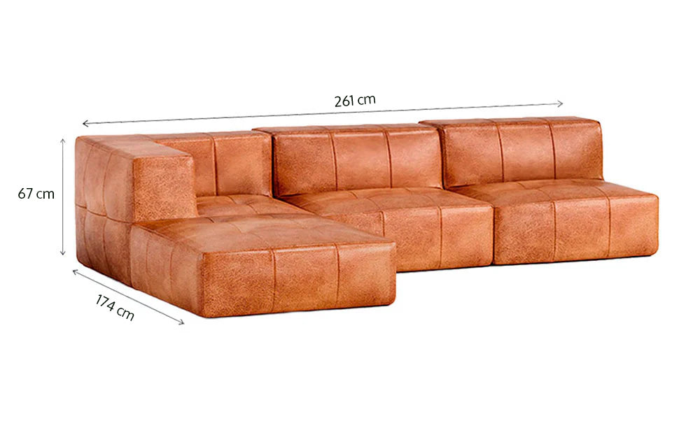 Sofá Modular 3 Lugares 1 Canto com 1 Apoio de Pé em Poli-Couro Marrom