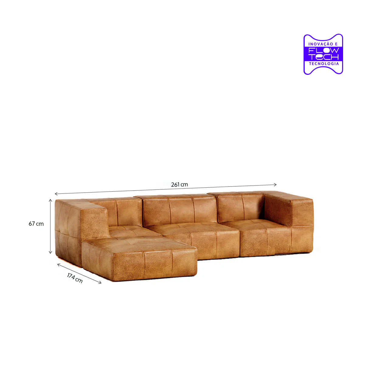 Sofá Modular 3 Lugares 2 Cantos com 1 Apoios de Pé em Poli-Couro Marrom