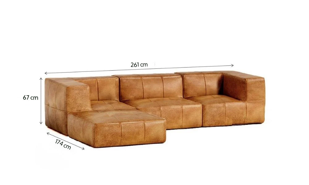 Sofá Modular 3 Lugares 2 Cantos com 1 Apoios de Pé em Poli-Couro Marrom