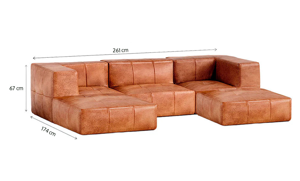 Sofá Modular 3 Lugares 2 Cantos com 2 Apoios de Pé em Poli-Couro Marrom