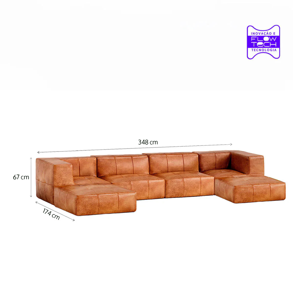 Sofá Modular 4 Lugares 2 Cantos com 2 Apoios de Pé em Poli-Couro Marrom