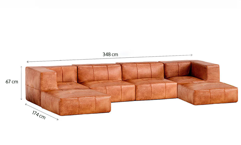 Sofá Modular 4 Lugares 2 Cantos com 2 Apoios de Pé em Poli-Couro Marrom