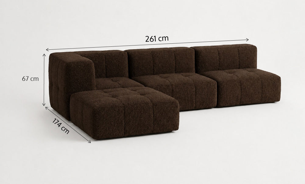 Sofá Modular 3 Lugares 1 Canto com 1 Apoio de Pé em Boucle Plus Marrom