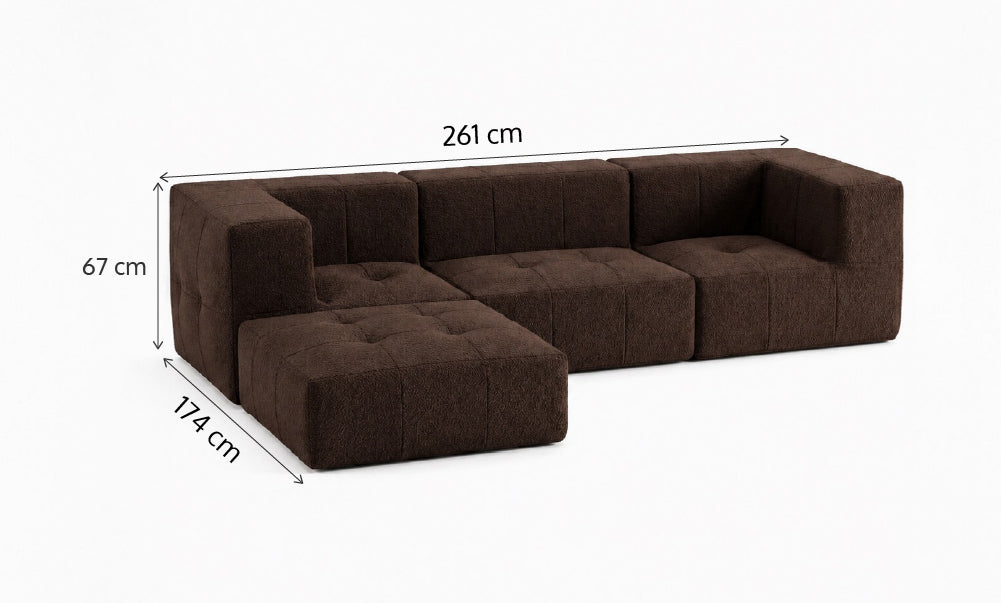 Sofá Modular 3 Lugares 2 Cantos com 1 Apoio de Pé em Boucle Plus Marrom