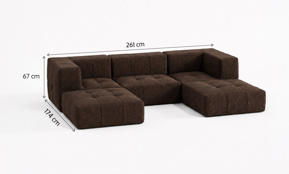 Sofá Modular 3 Lugares 2 Cantos com 2 Apoios de Pé em Boucle Plus Marrom