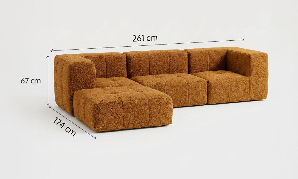 Sofá Modular 3 Lugares 2 Cantos com 1 Apoio de Pé em Boucle Plus Mostarda