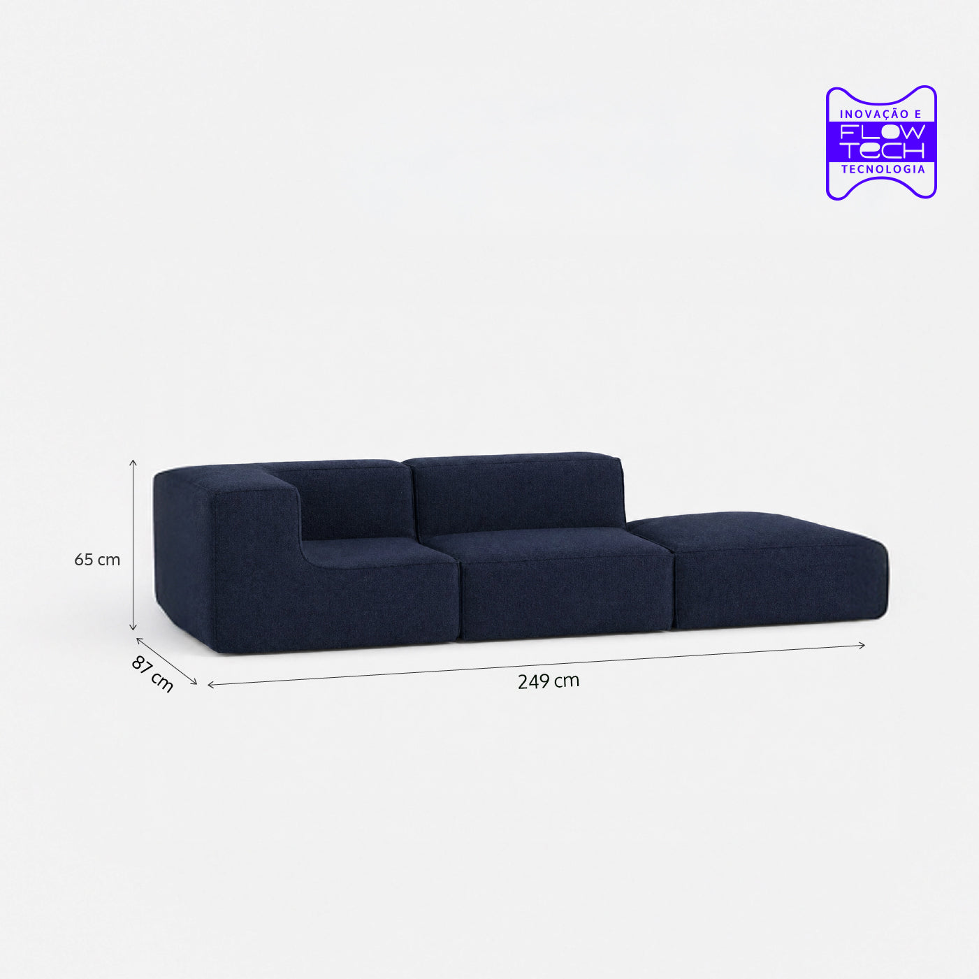 Sofá Modular Flow 2 Lugares 1 Canto com 1 Apoio de Pé em Boucle Azul Marinho