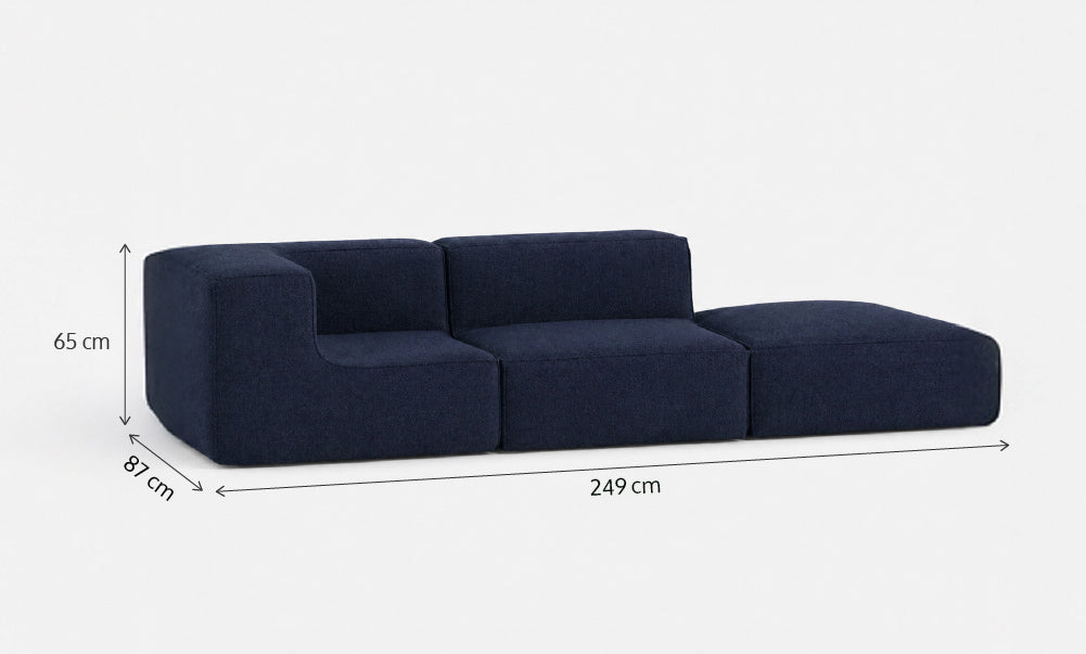 Sofá Modular Flow 2 Lugares 1 Canto com 1 Apoio de Pé em Boucle Azul Marinho