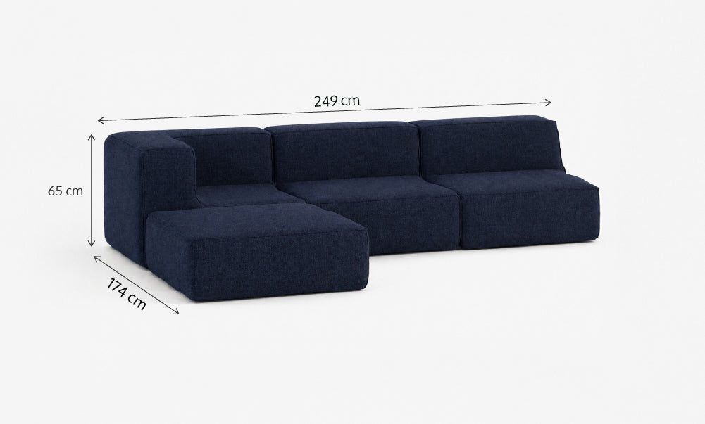 Sofá Modular Flow 3 Lugares 1 Canto com 1 Apoio de Pé em Boucle Azul Marinho