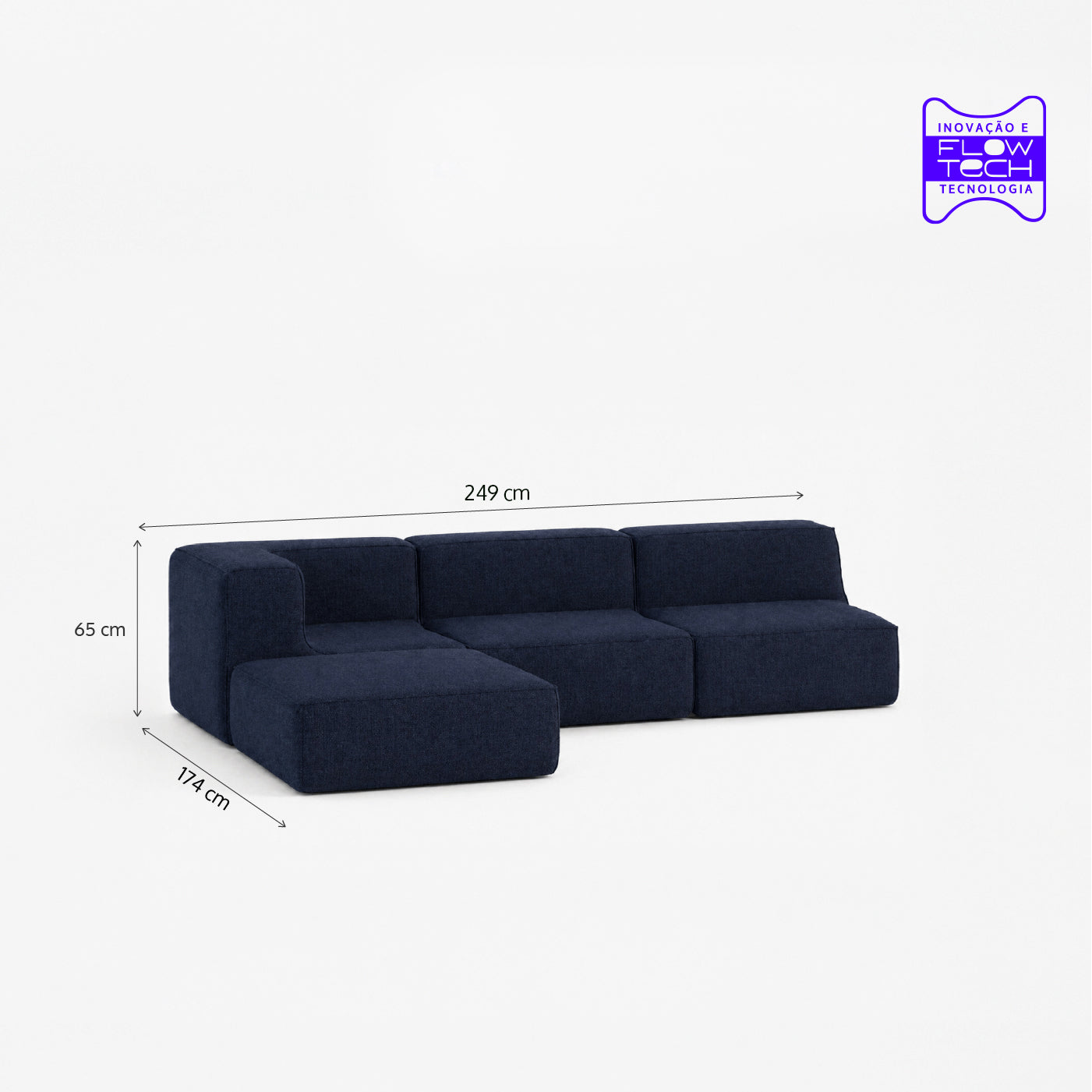 Sofá Modular Flow 3 Lugares 1 Canto com 1 Apoio de Pé em Boucle Azul Marinho