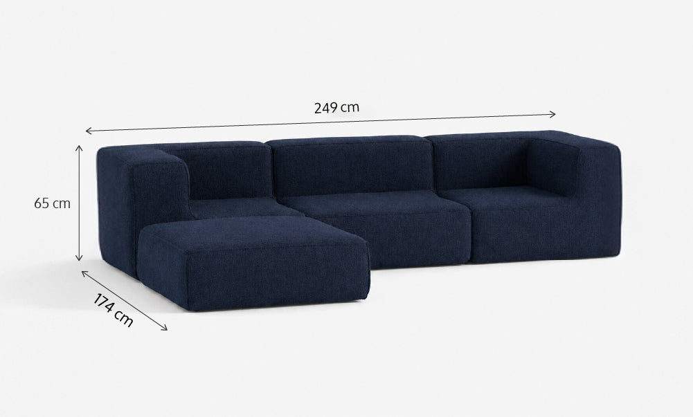 Sofá Modular Flow 3 Lugares 2 Cantos com 1 Apoio de Pé em Boucle Azul Marinho