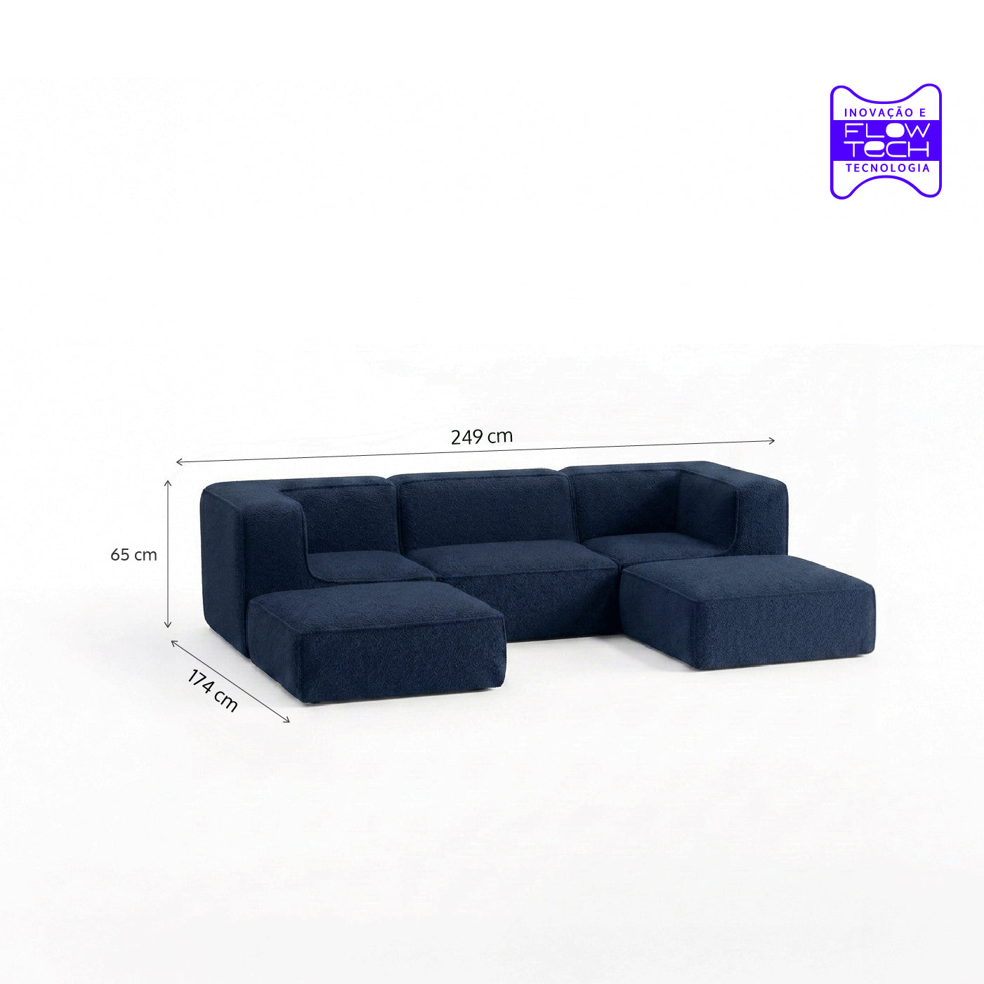 Sofá Modular Flow 3 Lugares 2 Cantos com 2 Apoios de Pé em Boucle Azul Marinho