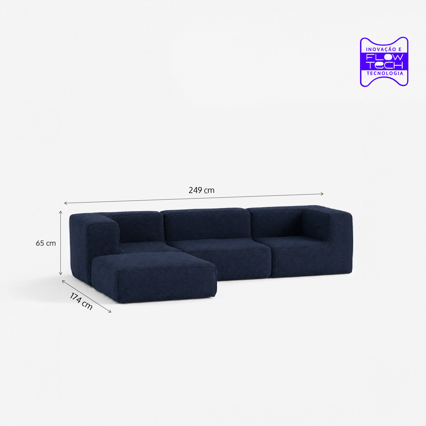 Sofá Modular Flow 3 Lugares 2 Cantos com 1 Apoio de Pé em Boucle Azul Marinho