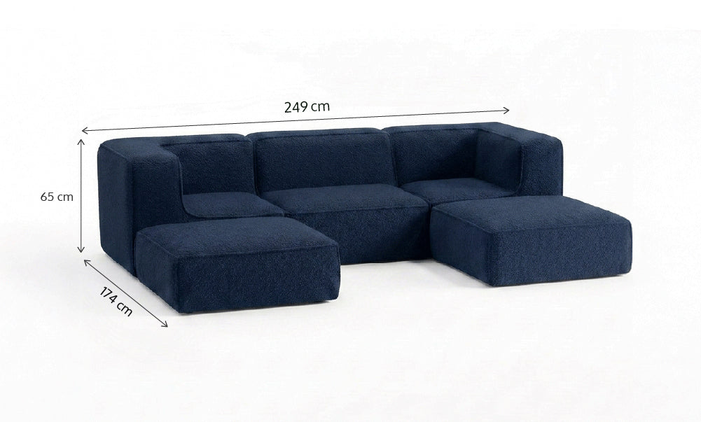 Sofá Modular Flow 3 Lugares 2 Cantos com 2 Apoios de Pé em Boucle Azul Marinho
