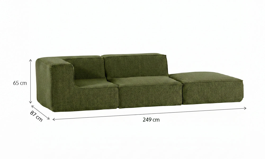 Sofá Modular Flow 2 Lugares 1 Canto com 1 Apoio de Pé em Boucle Plus Green