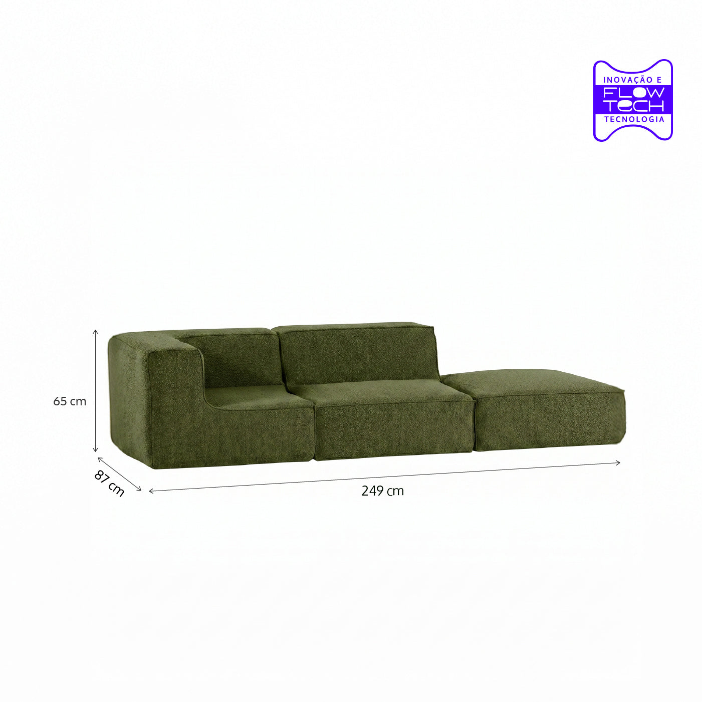 Sofá Modular Flow 2 Lugares 1 Canto com 1 Apoio de Pé em Boucle Plus Green