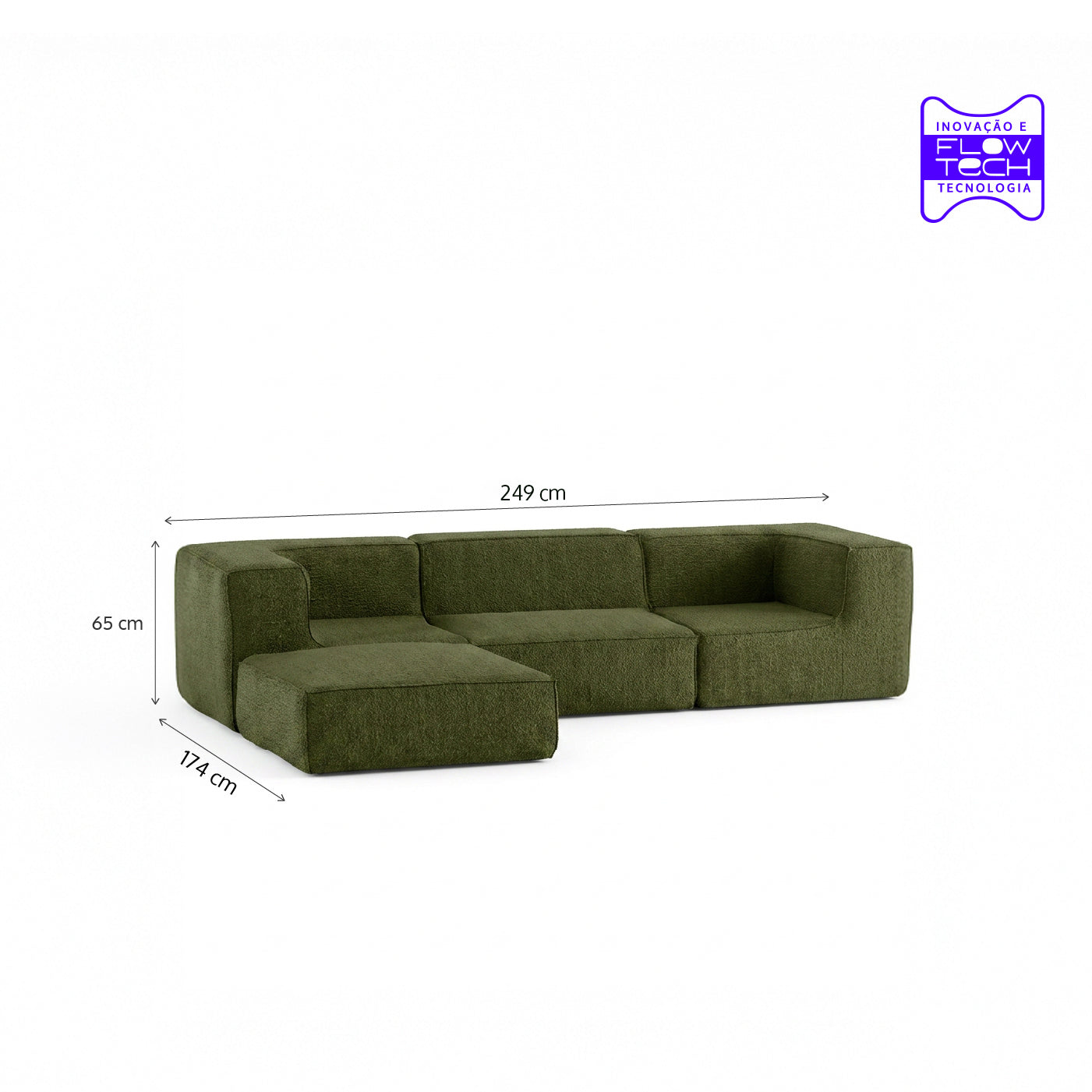 Sofá Modular Flow 3 Lugares 2 Cantos com 1 Apoio de Pé em Boucle Plus Green