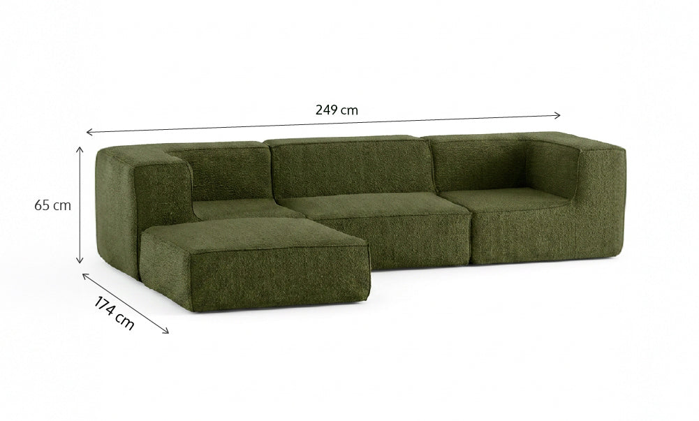 Sofá Modular Flow 3 Lugares 2 Cantos com 1 Apoio de Pé em Boucle Plus Green