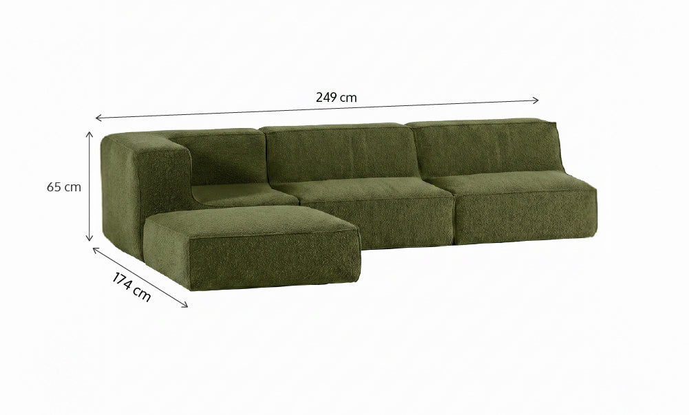 Sofá Modular Flow 3 Lugares  1 Canto com 1 Apoio de Pé em Boucle Plus Green