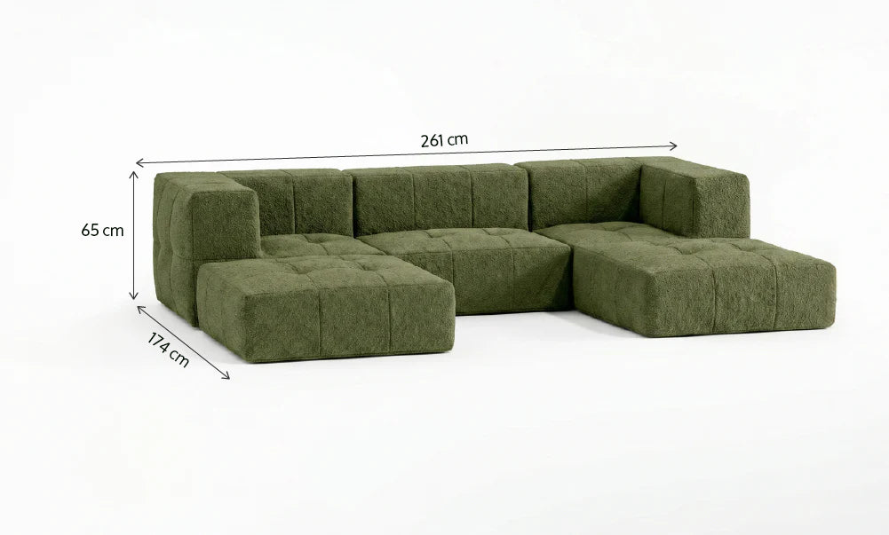 Sofá Modular 3 Lugares 2 Cantos com 2 Apoios de Pé em Boucle Plus Green