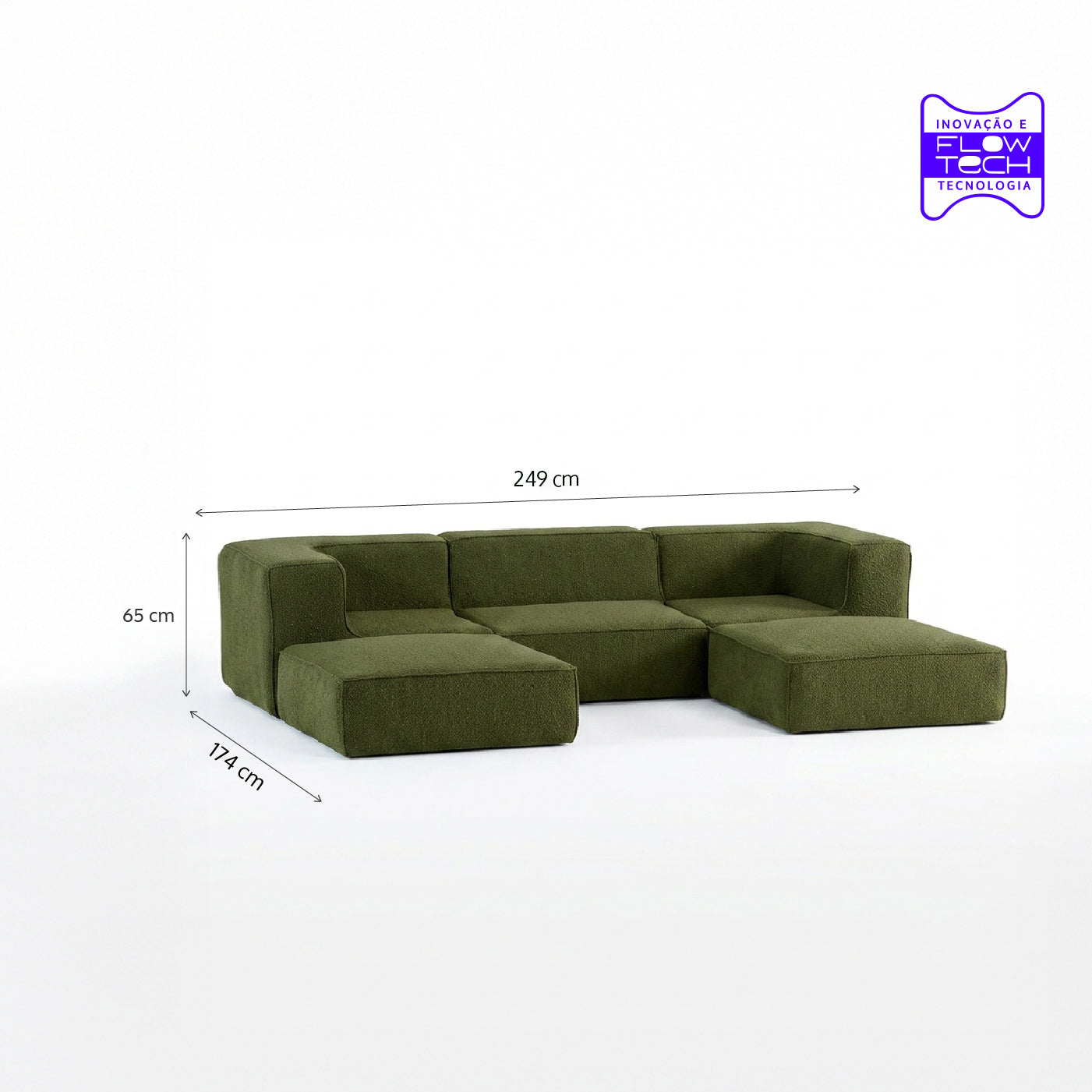 Sofá Modular Flow 3 Lugares 2 Cantos com 2 Apoios de Pé em Boucle Plus Green