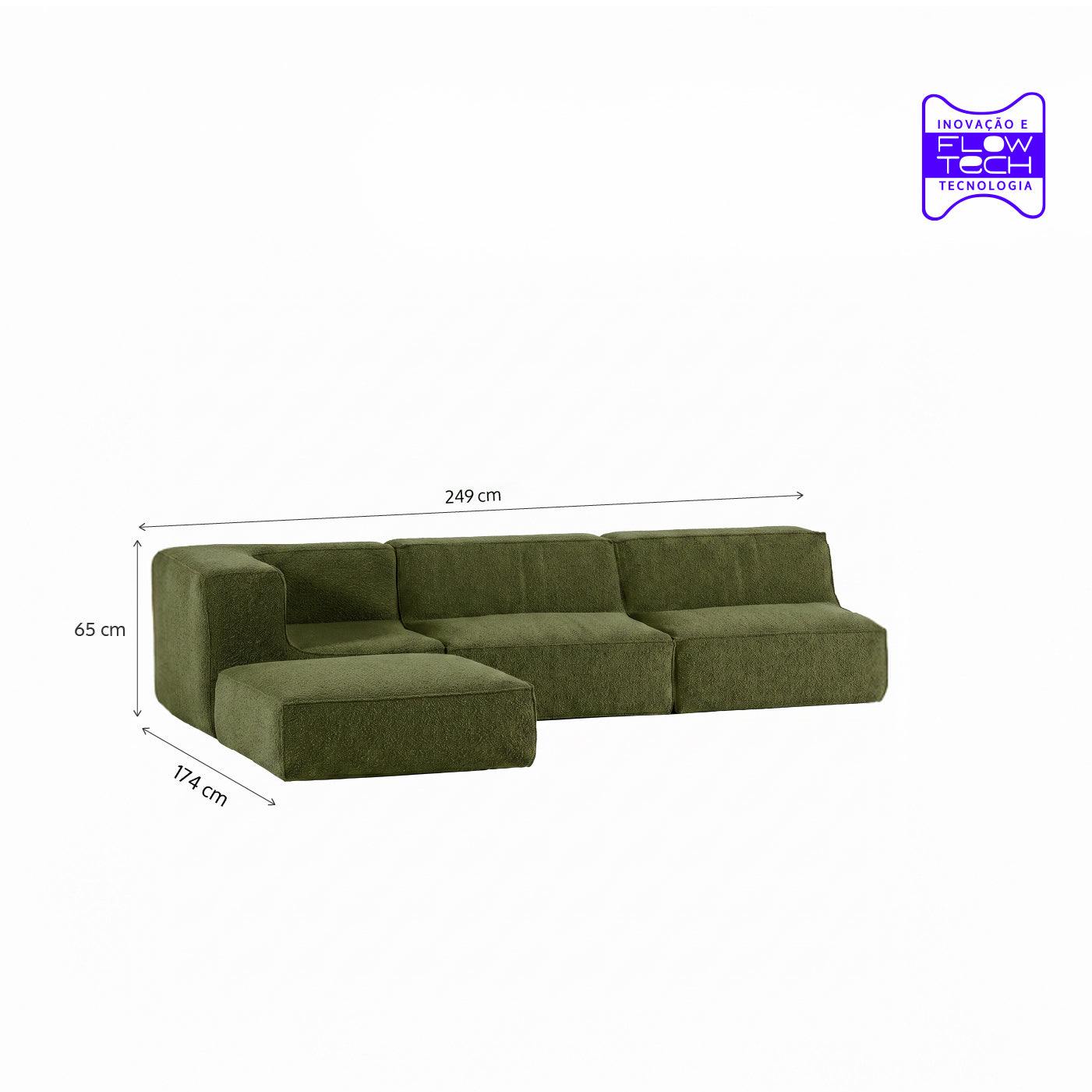 Sofá Modular Flow 3 Lugares  1 Canto com 1 Apoio de Pé em Boucle Plus Green