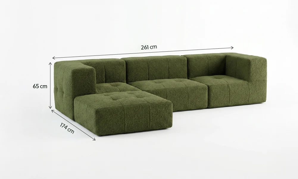 Sofá Modular 3 Lugares 2 Cantos com 1 Apoio de Pé em Boucle Plus Green