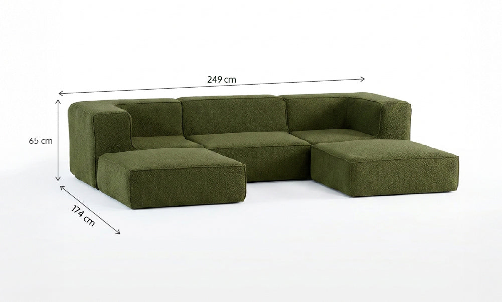 Sofá Modular Flow 3 Lugares 2 Cantos com 2 Apoios de Pé em Boucle Plus Green