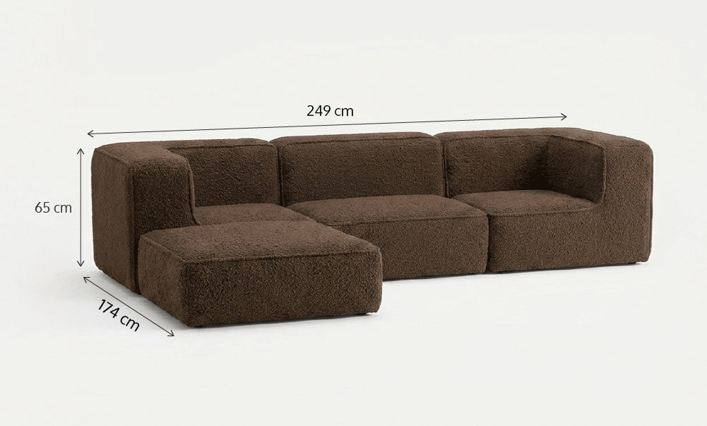 Sofá Modular Flow 3 Lugares 2 Cantos com 1 Apoio de Pé em Boucle Plus Marrom