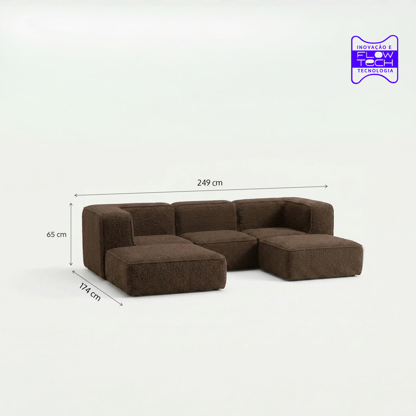 Sofá Modular Flow 3 Lugares 2 Cantos com 2 Apoios de Pé em Boucle Plus Marrom