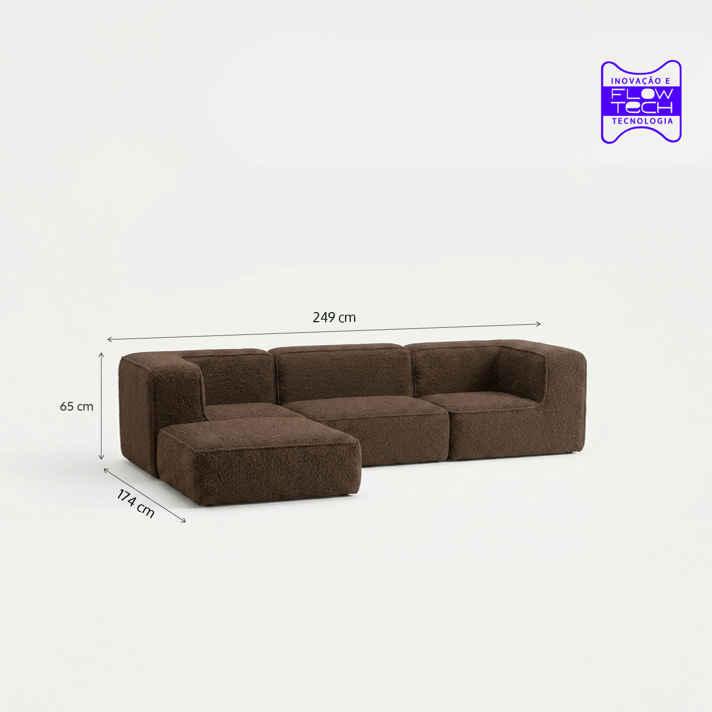Sofá Modular Flow 3 Lugares 2 Cantos com 1 Apoio de Pé em Boucle Plus Marrom