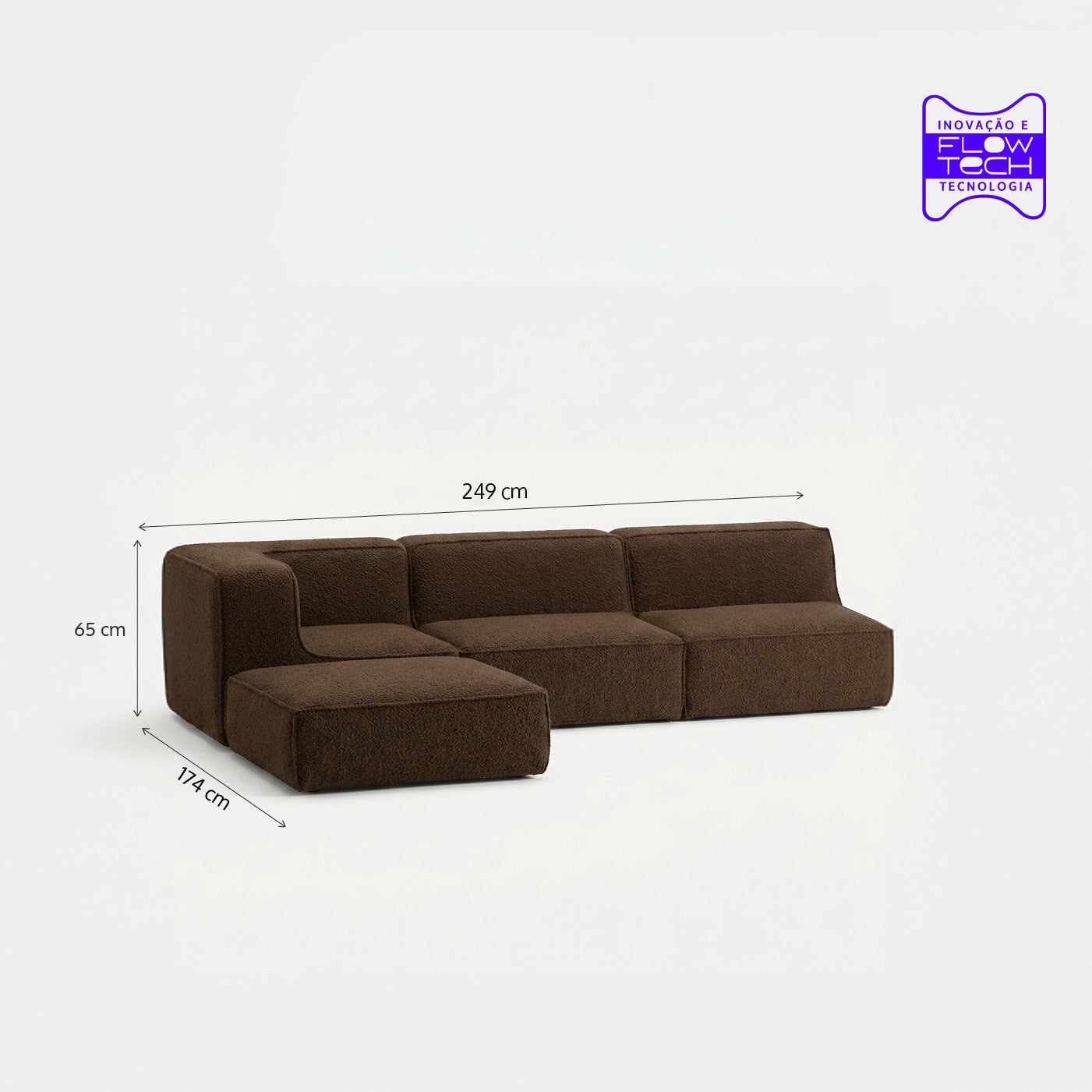 Sofá Modular Flow 3 Lugares 1 Canto com 1 Apoio de Pé em Boucle Plus Marrom