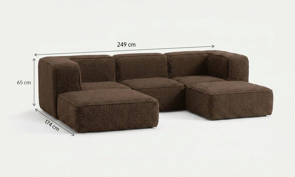 Sofá Modular Flow 3 Lugares 2 Cantos com 2 Apoios de Pé em Boucle Plus Marrom