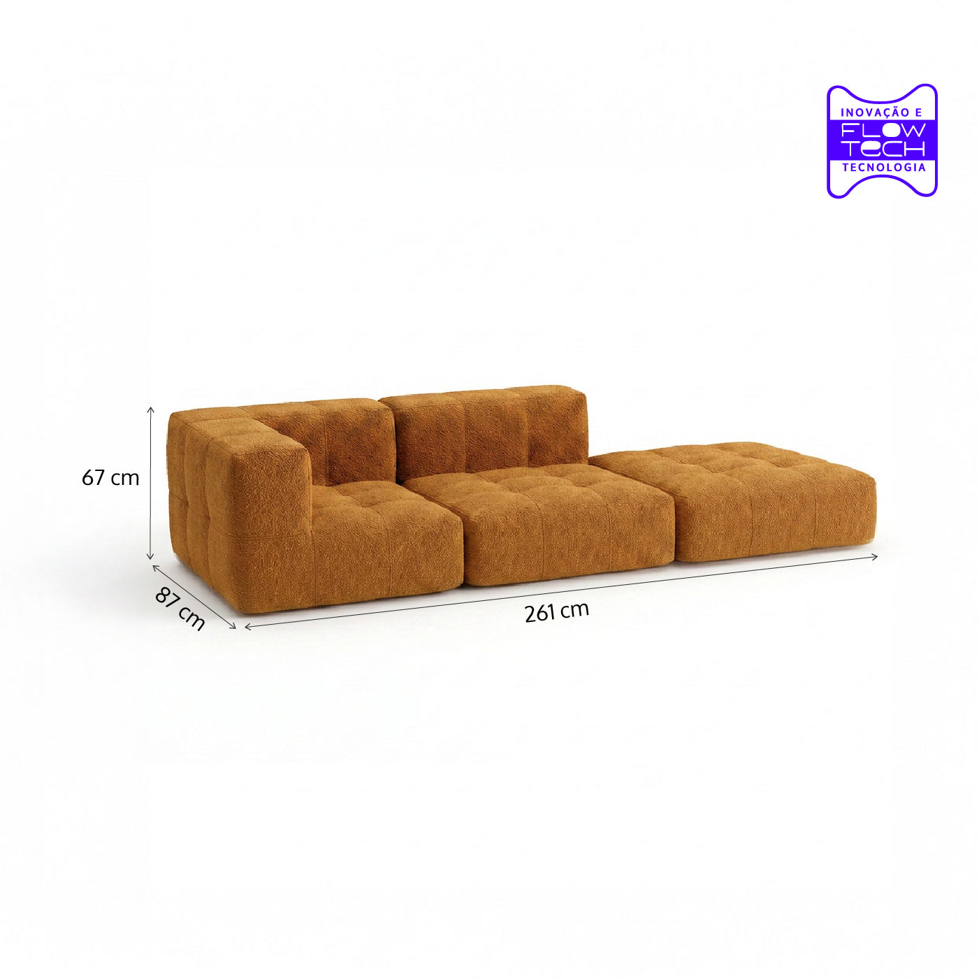 Sofá Modular 2 Lugares 1 Canto com 1 Apoio de Pé em Boucle Plus Mostarda