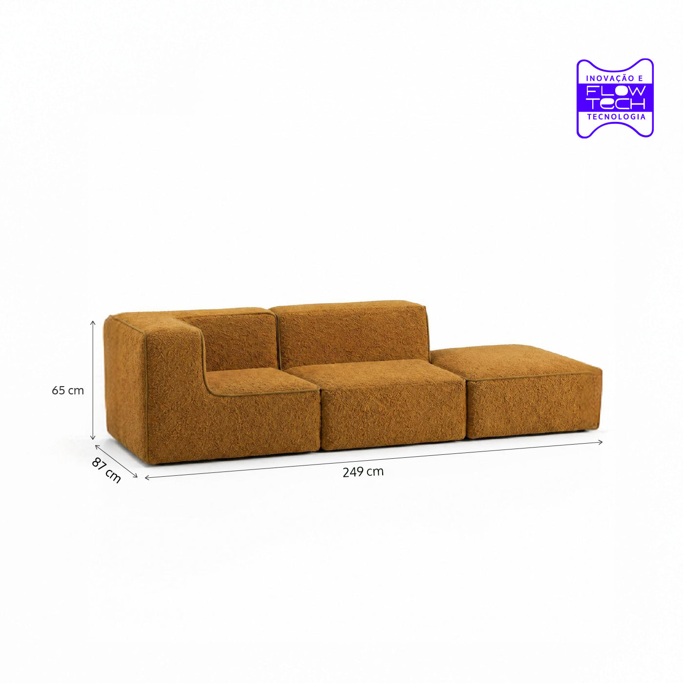Sofá Modular Flow 2 Lugares 1 Canto com 1 Apoio de Pé em Boucle Plus Mostarda
