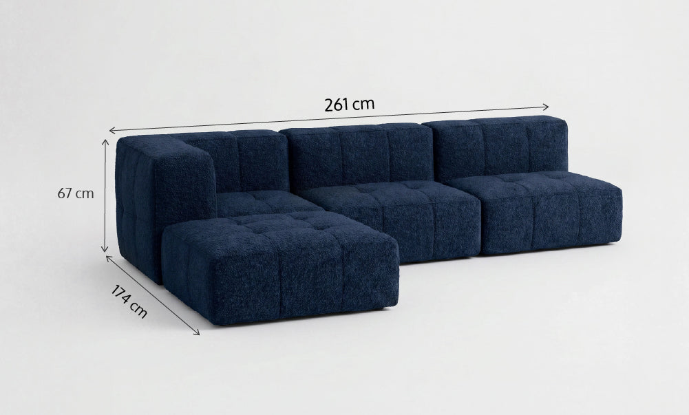 Sofá Modular 3 Lugares 1 Canto com 1 Apoio de Pé em Boucle Azul Marinho