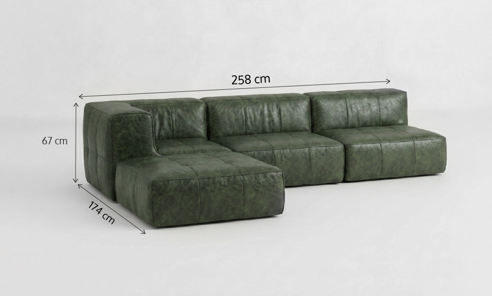 Sofá Modular 3 Lugares 1 Canto com 1 Apoio de Pé em Poli-Couro Green