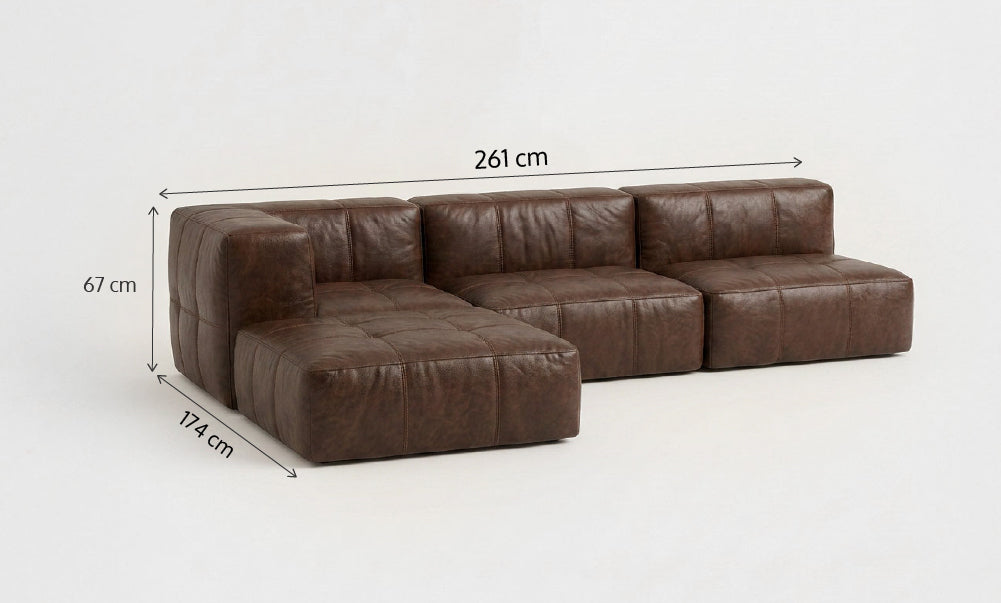 Sofá Modular 3 Lugares 1 Canto com 1 Apoio de Pé em Poli-Couro Coffee