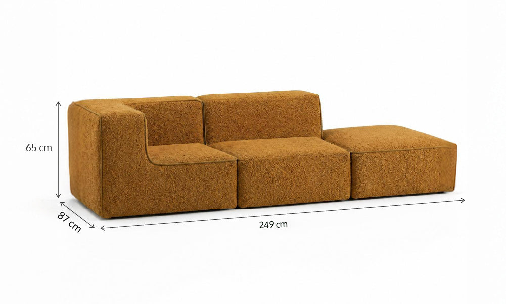 Sofá Modular Flow 2 Lugares 1 Canto com 1 Apoio de Pé em Boucle Plus Mostarda